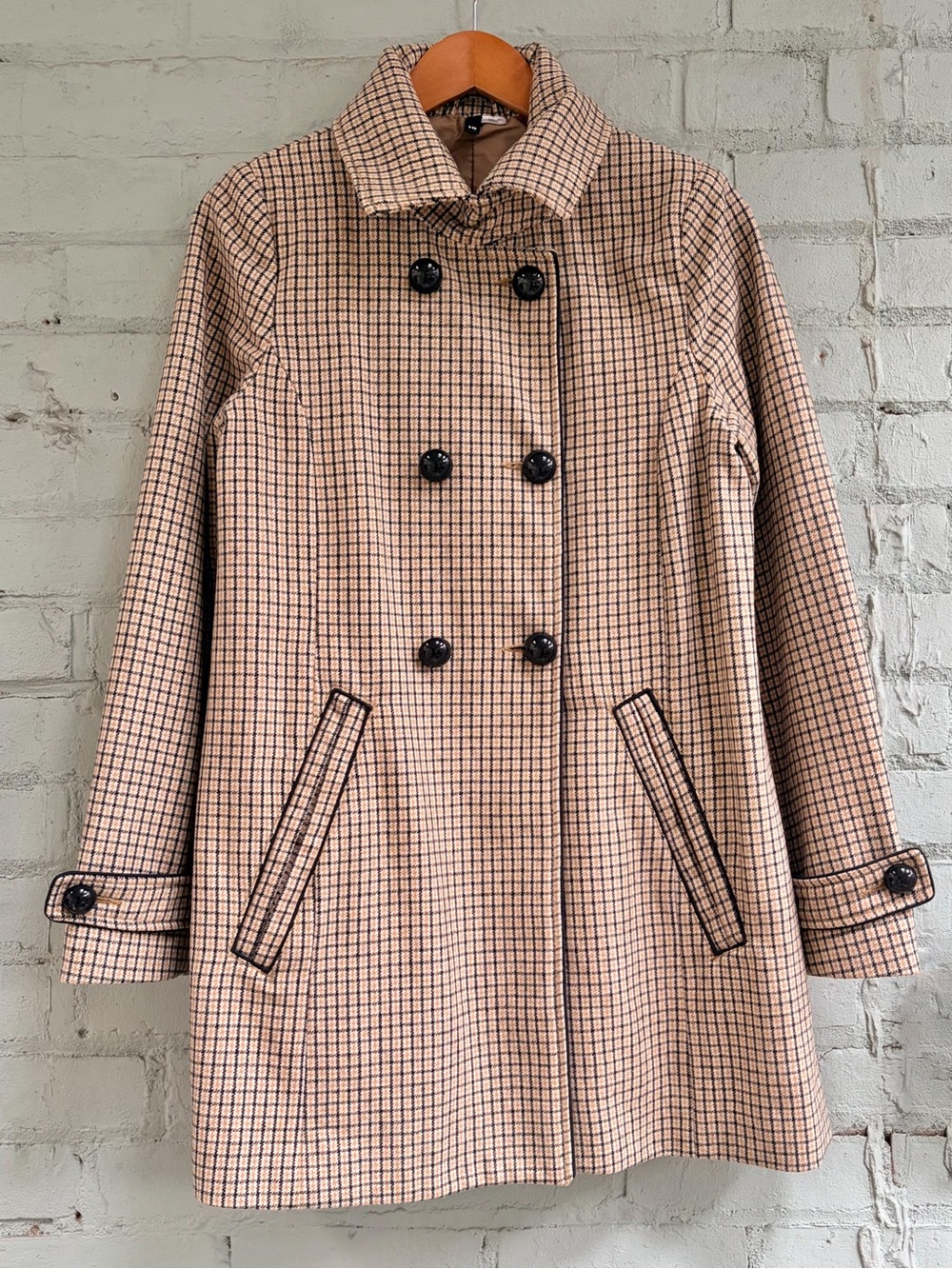 Plaid Check Double Breasted Wool Coat in Tan & Black